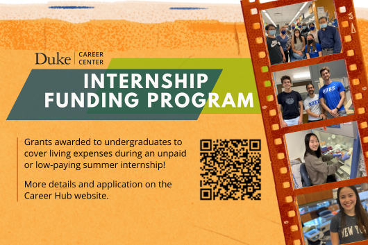 IFP flyer with orange background, pictures from student internships, and a QR code to the information page.